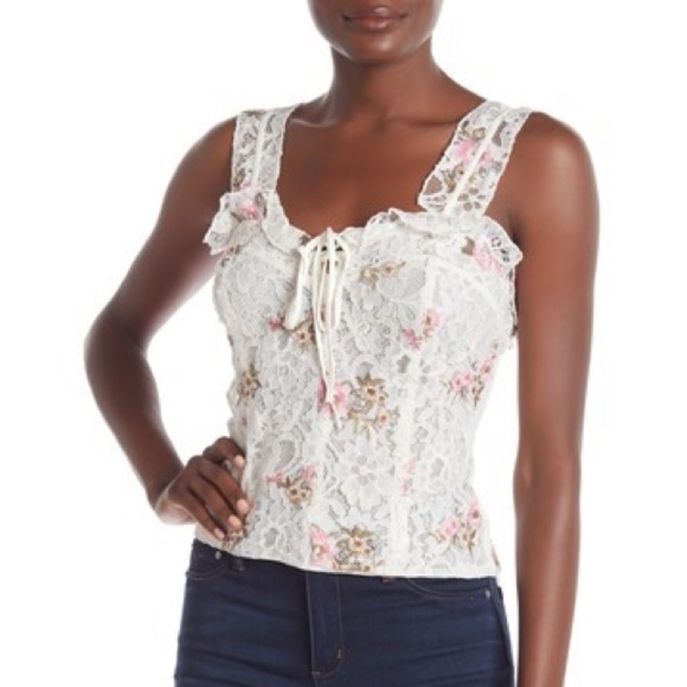 WAYF Lace Tank Semi Sheer Floral White XXL